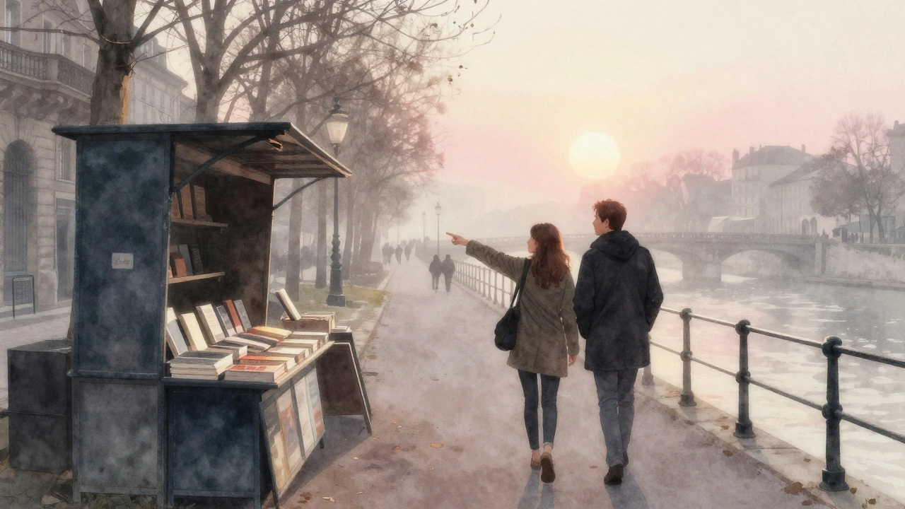 A man and woman walking at dawn along the Seine, discovering Paris in quiet companionship.