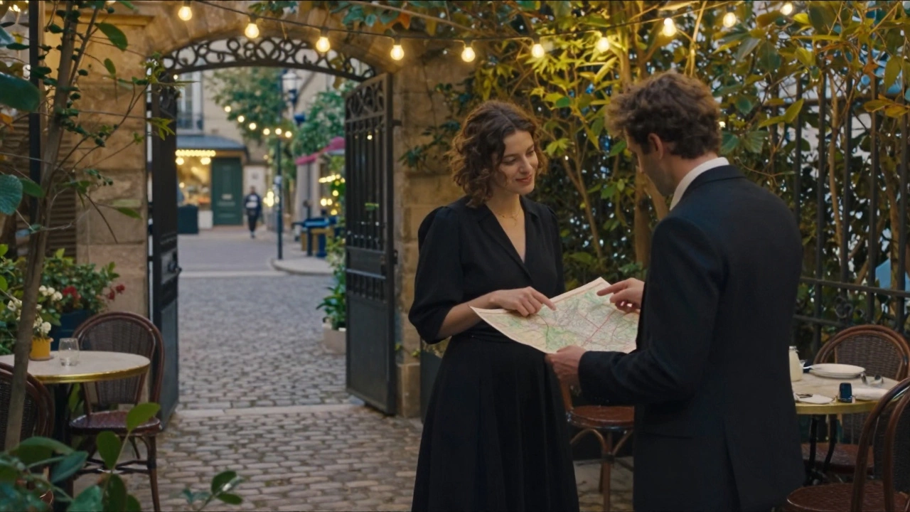 A woman and client laughing in a hidden Paris garden terrace under string lights, holding a vintage map.