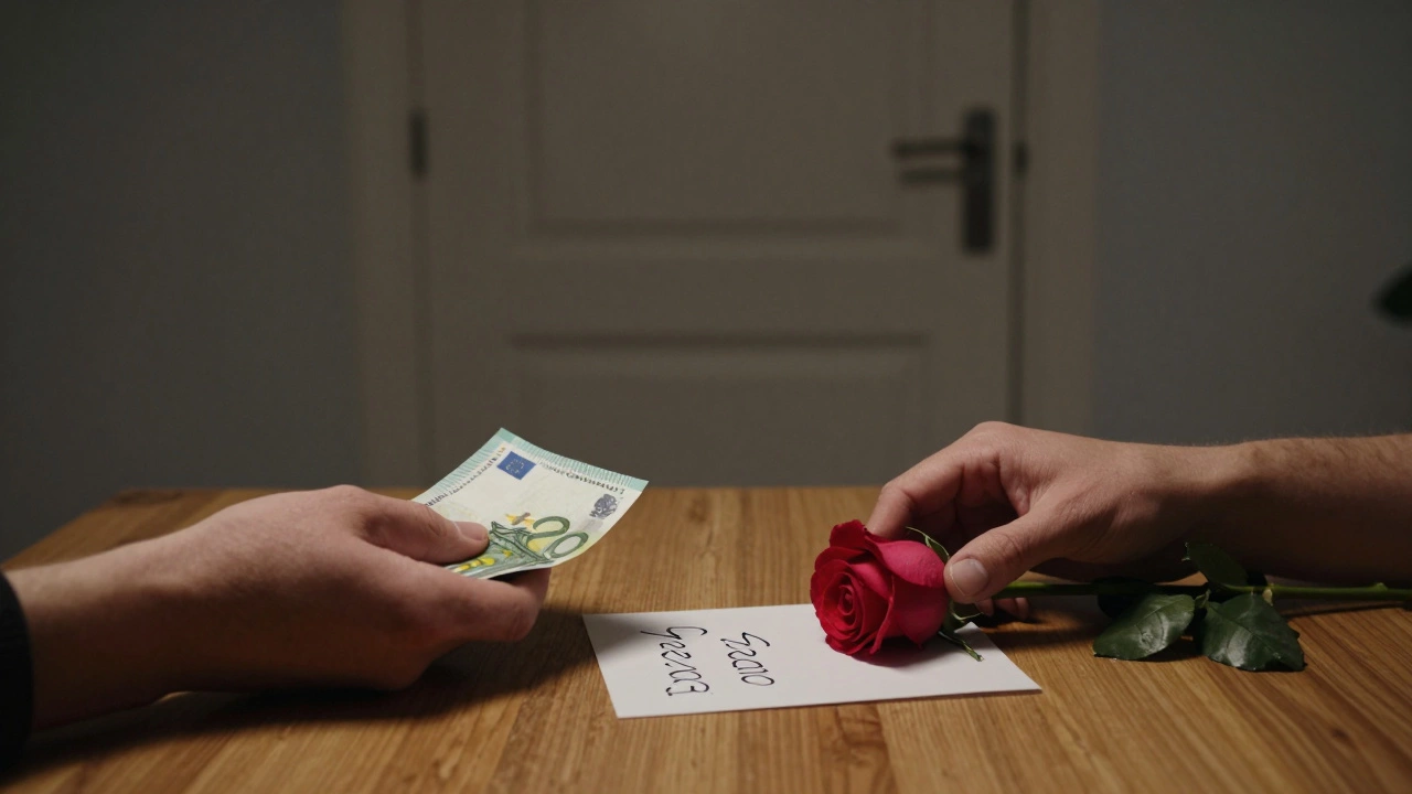 Hands exchanging cash and a rose on a wooden table, door closing in the blurred background.