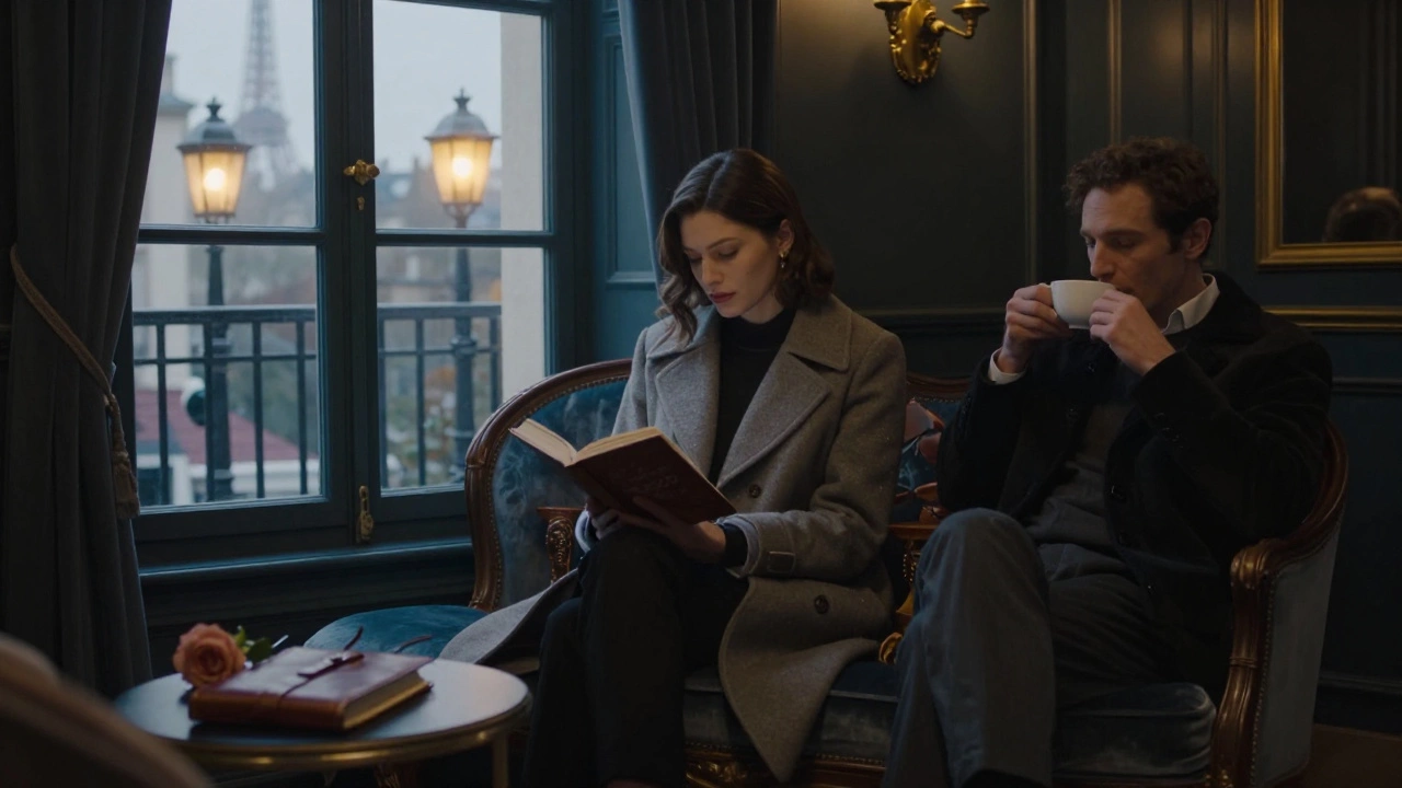 Two people sharing a peaceful moment in a boutique hotel room, books and tea nearby.